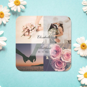 Eenvoudige Elegant Bride & Groom Photo Collage Wed Vierkante Sticker