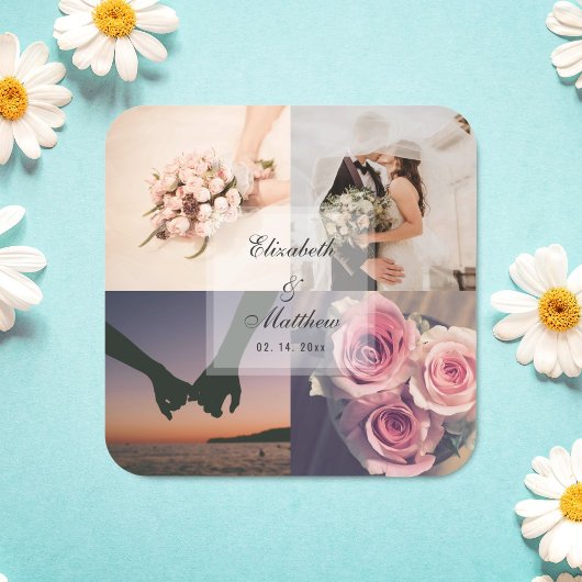 Eenvoudige Elegant Bride & Groom Photo Collage Wed Vierkante Sticker