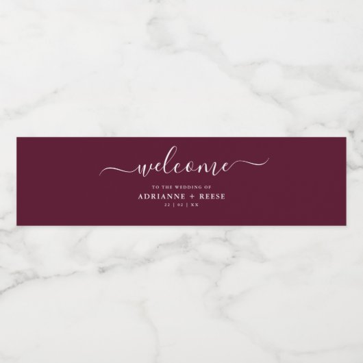 Eenvoudige Elegant Burgundy and White Wedding Wate Waterfles Etiket (Enkel label)
