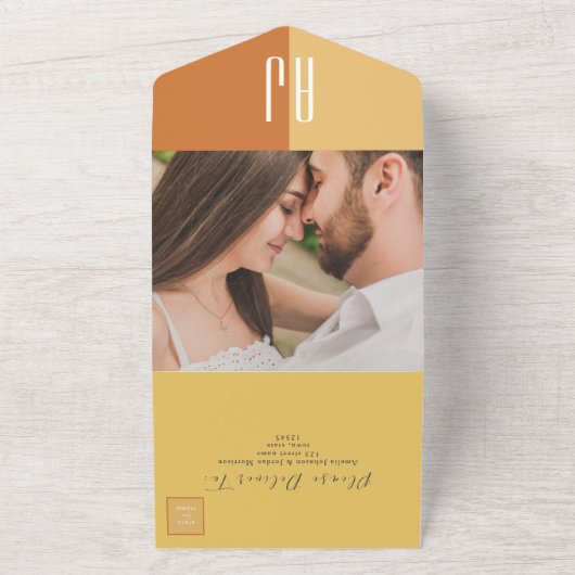 Eenvoudige Elegant Calligraphy Monogram Wedding All In One Uitnodiging (Buitenkant)