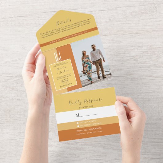 Eenvoudige Elegant Calligraphy Monogram Wedding All In One Uitnodiging (Afscheurbaar)