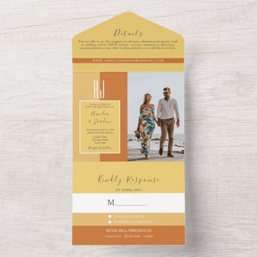 Eenvoudige Elegant Calligraphy Monogram Wedding All In One Uitnodiging (Binnen)