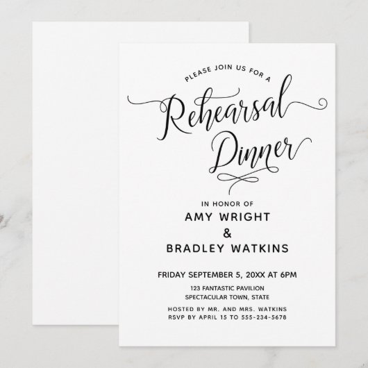 Eenvoudige Elegant Calligraphy Rehearsal Dinner Kaart (Voorkant / Achterkant)
