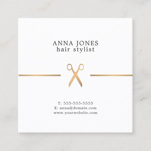Eenvoudige Elegant Clean Gold Scissers Hairdresser Vierkante Visitekaartje (Voorkant)
