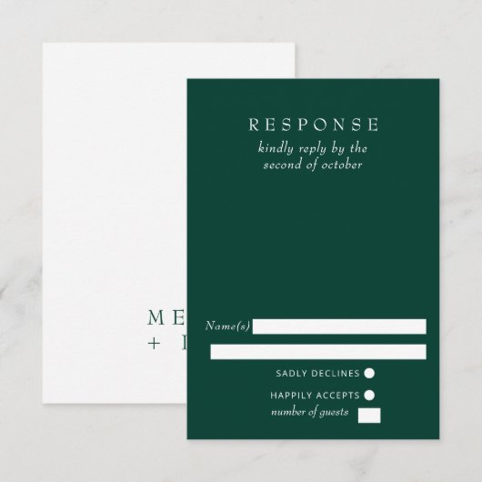 Eenvoudige Elegant Emerald Green Wedding RSVP Kaartje (Voorkant / Achterkant)