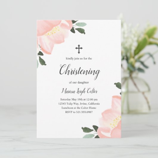 Eenvoudige Elegant Floral Blush Pink Girl Christen Kaart (Staand voorkant)