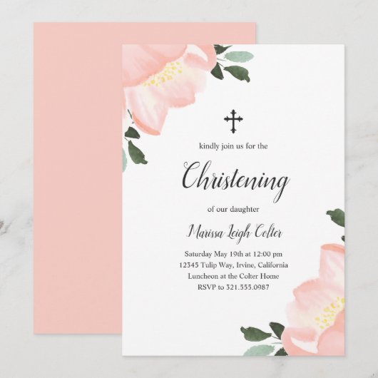 Eenvoudige Elegant Floral Blush Pink Girl Christen Kaart (Voorkant / Achterkant)