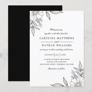 Eenvoudige Elegant Floral Corners Wedding Black Kaart