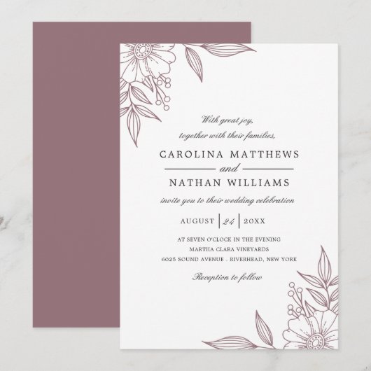 Eenvoudige Elegant Floral Corners Wedding Mauve Kaart (Voorkant / Achterkant)