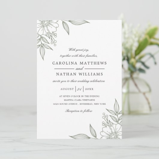 Eenvoudige Elegant Floral Corners Wedding Sage Kaart (Staand voorkant)