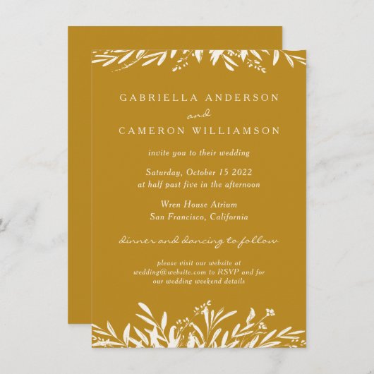 Eenvoudige Elegant Floral Mustard Yellow Boho Wedd Kaart (Voorkant / Achterkant)