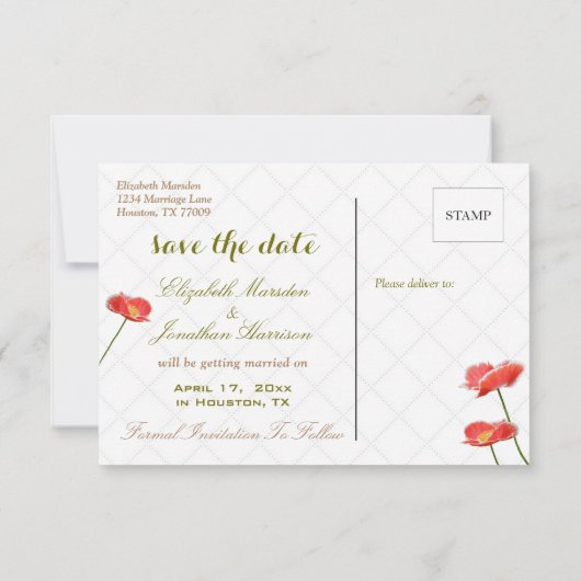 Eenvoudige Elegant Floral Poppies sparen de Datum Kaart (Achterkant)