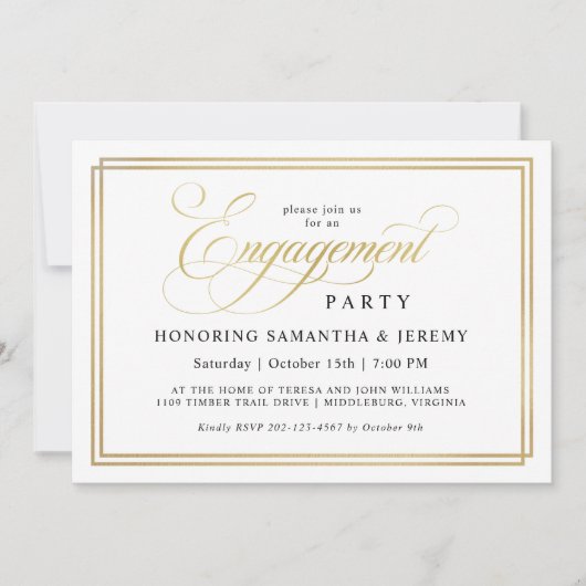 Eenvoudige Elegant Gold Calligraphy Engagement Par Kaart (Voorkant)