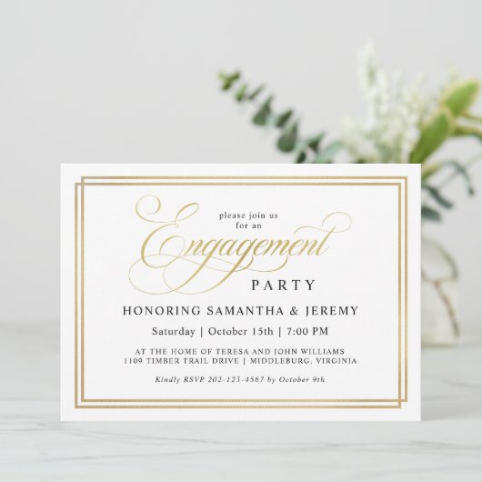 Eenvoudige Elegant Gold Calligraphy Engagement Par Kaart (Staand voorkant)
