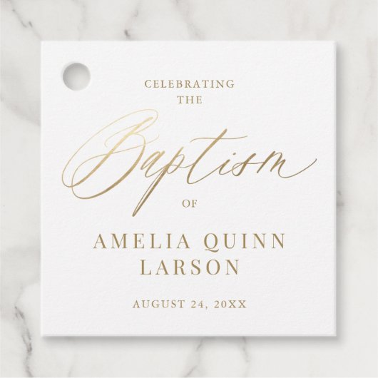 Eenvoudige Elegant Gold Calligraphy Script Baptism Bedankjes Labels (Voorkant)