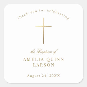 Eenvoudige Elegant Gold Cross Baptisme Christening Vierkante Sticker