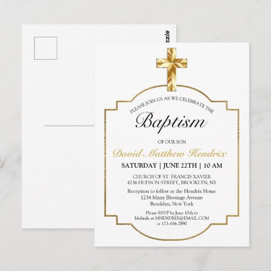 Eenvoudige Elegant Gold Cross Boys Baptisme Uitnod Briefkaart (Voorkant / Achterkant)