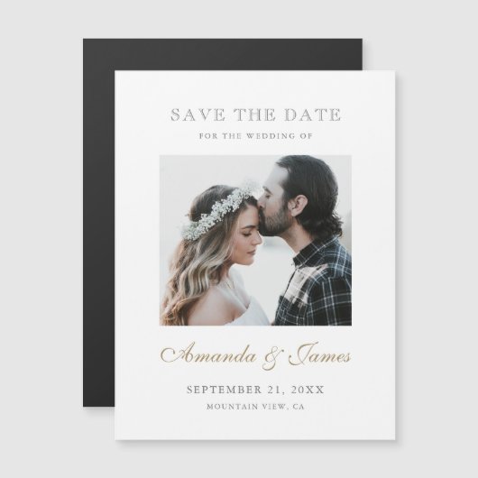 Eenvoudige Elegant Gold Custom Photo Save the Date Magnetische Uitnodiging (Voorkant / Achterkant)