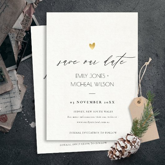 EENVOUDIGE ELEGANT GOLD GRAY TYPOGRAPHY BEWAREN DE SAVE THE DATE