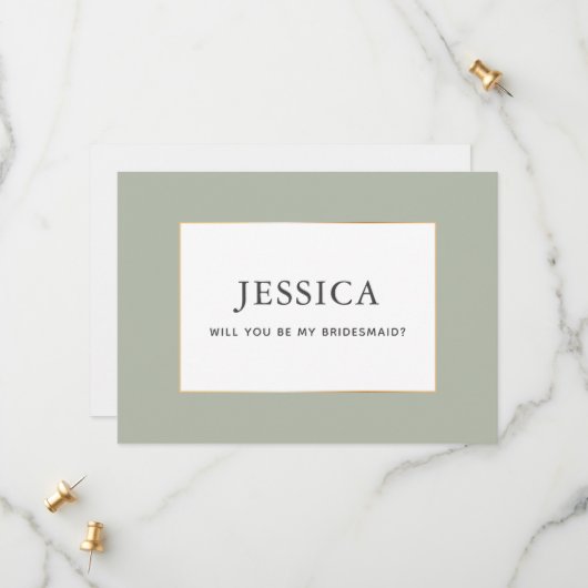 Eenvoudige Elegant Gold Sage Green Bridesmaid-kaar Save The Date (Voorkant / Achterkant in situ)