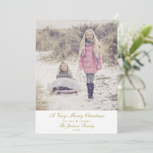 Eenvoudige Elegant Gold Script Merry-kerstfoto Feestdagenkaart (Staand voorkant)