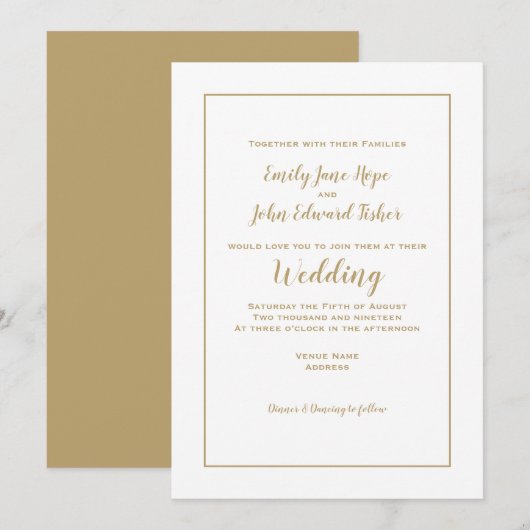 Eenvoudige Elegant Gold Typografie en Lijst Weddin Kaart (Voorkant / Achterkant)