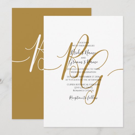 Eenvoudige Elegant Golden Initialen Wedding Invita Kaart (Voorkant / Achterkant)