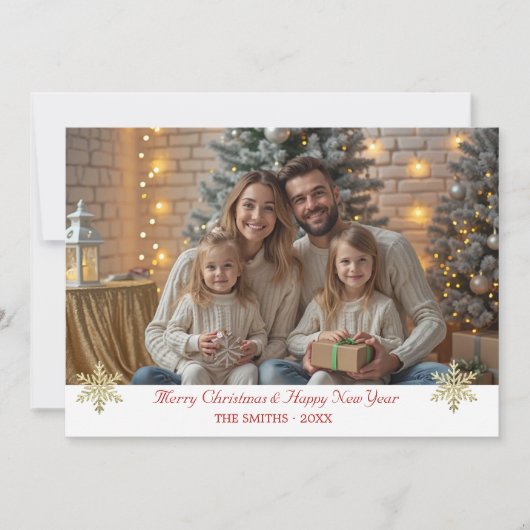 Eenvoudige Elegant Gouden Sneeuwvlokken één foto Feestdagenkaart (Voorkant)