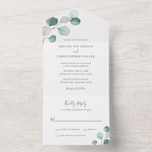 Eenvoudige Elegant Greenery Rustic Eucalyptus Wedd All In One Uitnodiging (Binnen)