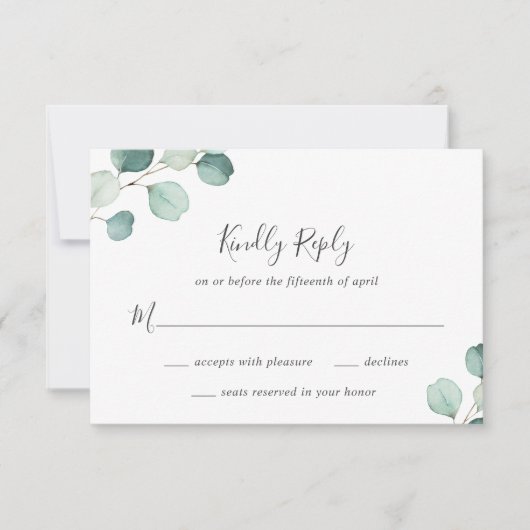 Eenvoudige Elegant Greenery Rustic Eucalyptus Wedd RSVP Kaartje (Voorkant)