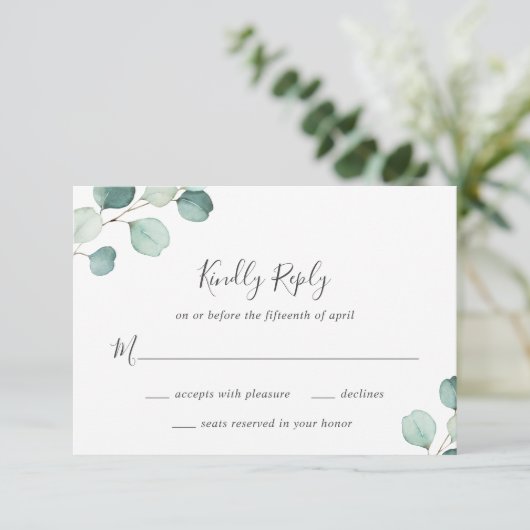 Eenvoudige Elegant Greenery Rustic Eucalyptus Wedd RSVP Kaartje (Staand voorkant)