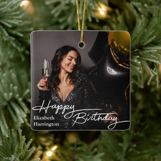 Eenvoudige Elegant Happy Birthday Foto Keramisch Ornament (Boom)
