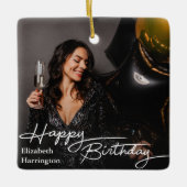 Eenvoudige Elegant Happy Birthday Foto Keramisch Ornament (Voorkant)