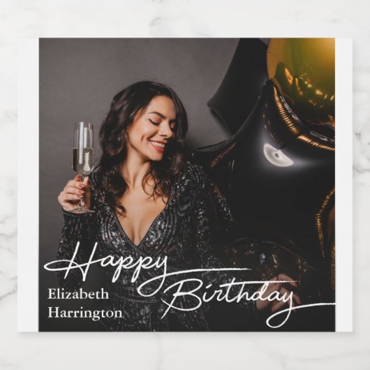 Eenvoudige Elegant Happy Birthday Foto Sparkling Wijnetiket (Enkel label)