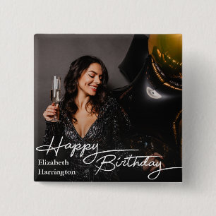 Eenvoudige Elegant Happy Birthday Foto Vierkante Button 5,1 Cm