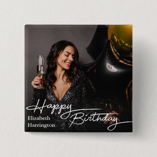 Eenvoudige Elegant Happy Birthday Foto Vierkante Button 5,1 Cm (Voorkant)