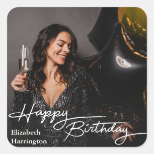 Eenvoudige Elegant Happy Birthday Foto Vierkante Sticker