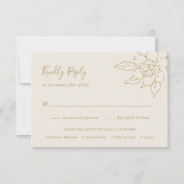 Eenvoudige Elegant Magnolia Floral Gold Ivory Wedd RSVP Kaartje
