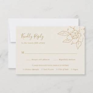 Eenvoudige Elegant Magnolia Floral Gold Ivory Wedd RSVP Kaartje