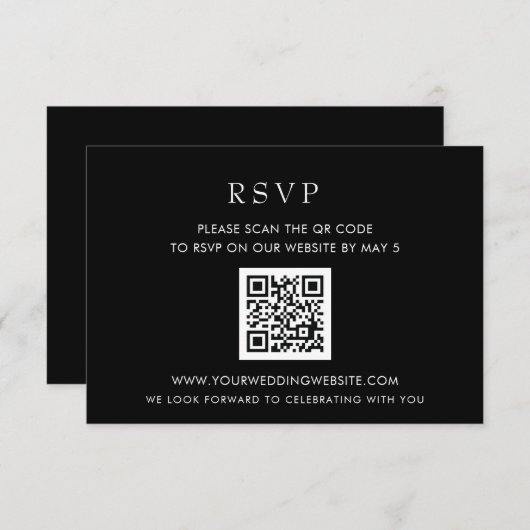 Eenvoudige Elegant Modern Black QR CODE RSVP Kaartje (Voorkant / Achterkant)