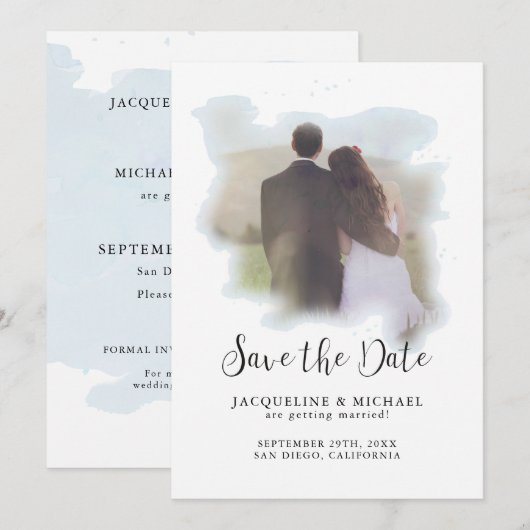 Eenvoudige Elegant Moderne de Foto Blauw van de Ma Save The Date (Voorkant / Achterkant)