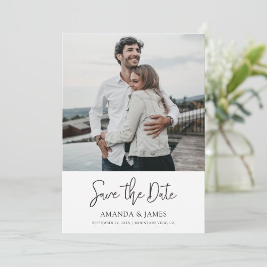 Eenvoudige Elegant Moderne Foto van het Manuscript Save The Date (Staand voorkant)