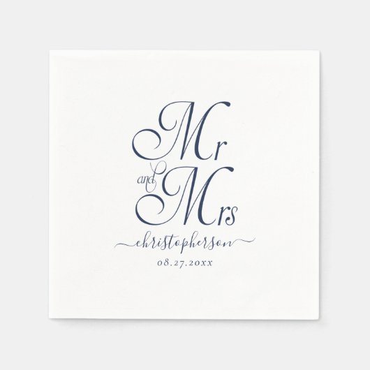 Eenvoudige Elegant Mr en Mrs Navy Blue Script Wedd Servet (Voorkant)