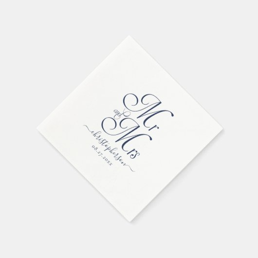 Eenvoudige Elegant Mr en Mrs Navy Blue Script Wedd Servet (Hoek)