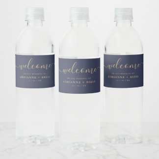 Eenvoudige Elegant Navy and Gold Wedding Water Bot Waterfles Etiket