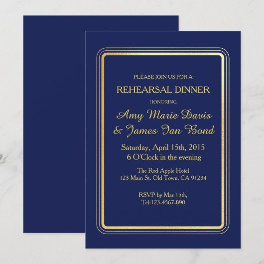 Eenvoudige Elegant Navy Blue Rehearsal Dinner Invi Kaart (Voorkant / Achterkant)