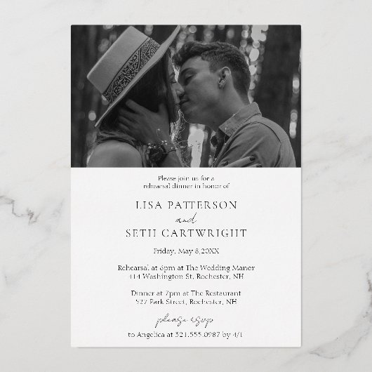 Eenvoudige Elegant Photo Rehearings Dinner Gold Folie Uitnodiging (Achterkant)