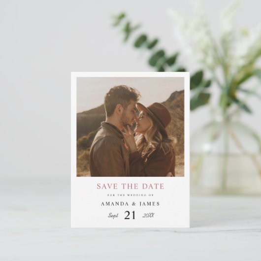 Eenvoudige Elegant Roos Gouden Foto Sla de Datum o Uitnodiging Briefkaart (Staand voorkant)