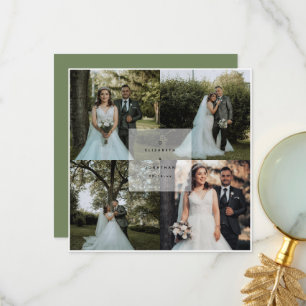Eenvoudige Elegant Sage Green 4 Photo Collage Wedd Bedankkaart