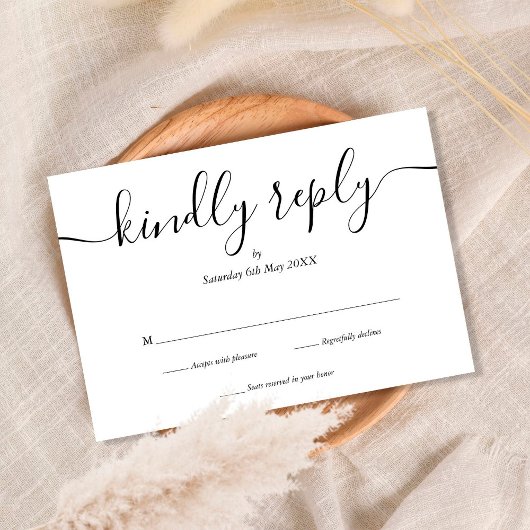Eenvoudige Elegant Script Black en White RSVP Card Kaartje
